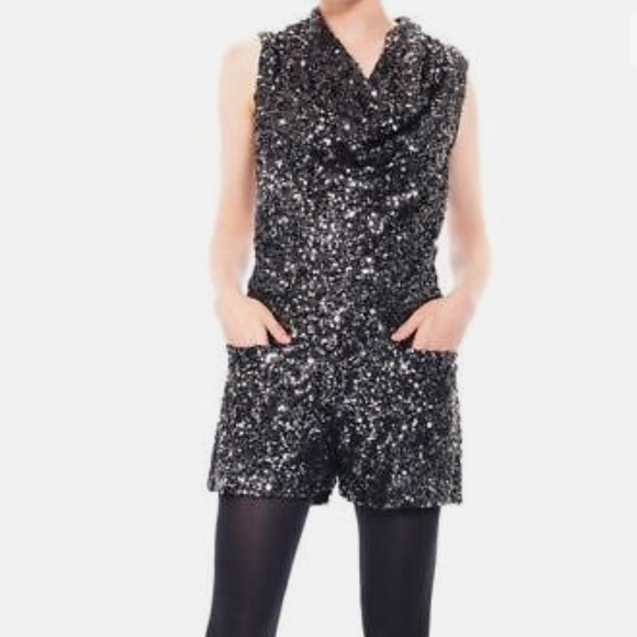 NWT-French Connection-Party~Club Night- Black Sequin Deep Cowl Neck Romper-Sz 4 - Picture 8 of 8